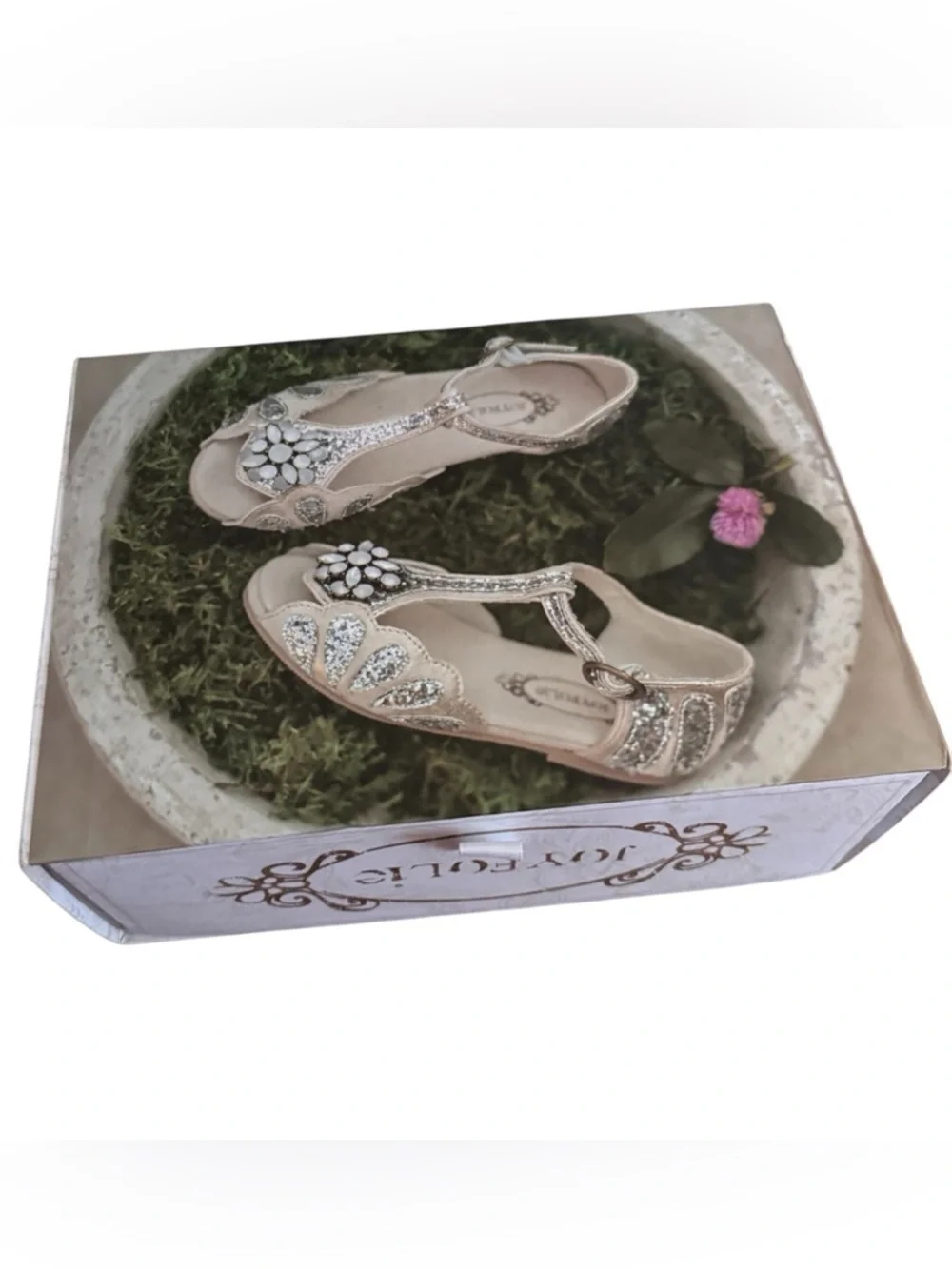 Joyfolie Silver Glitter T-Strap Sandals with Floral Jewel Accent, Size Youth 3